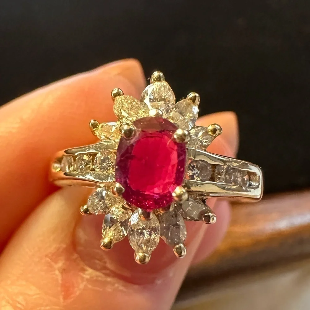 Genuine 14K Ruby & Diamond Ring - Size 6.5 - Vintage